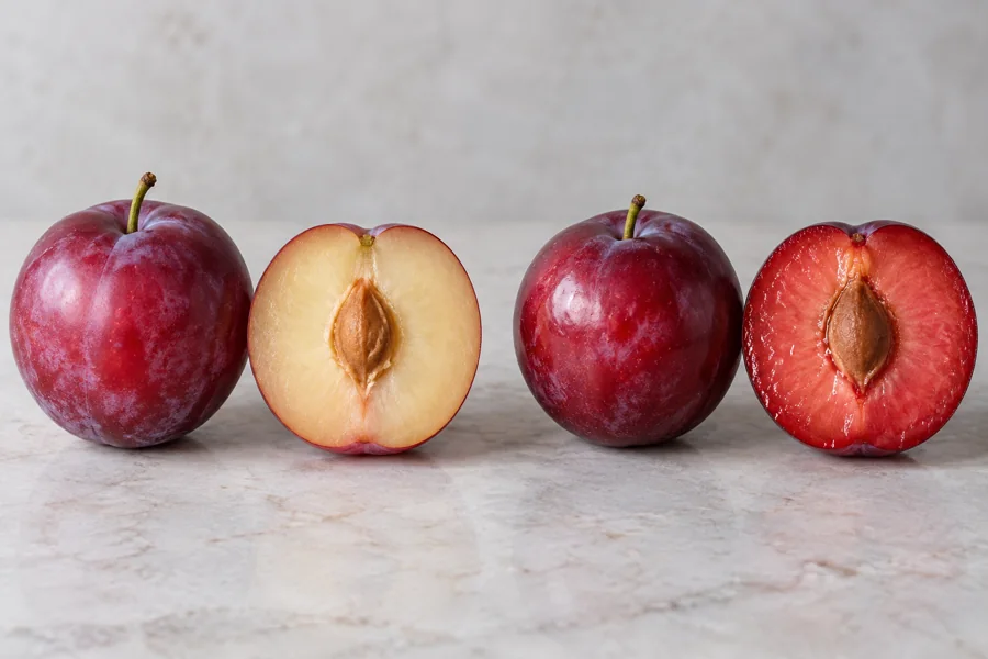 Same red plum type at two maturity stages