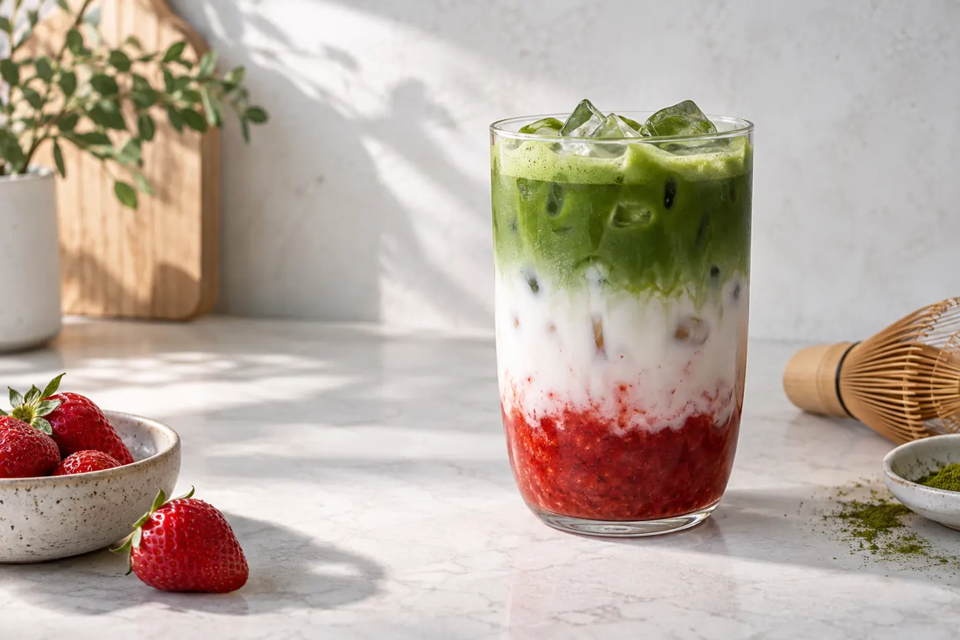 Strawberry puree, milk and matcha in a clear iced glass Strawberry puree, milk and matcha in a clear iced glass